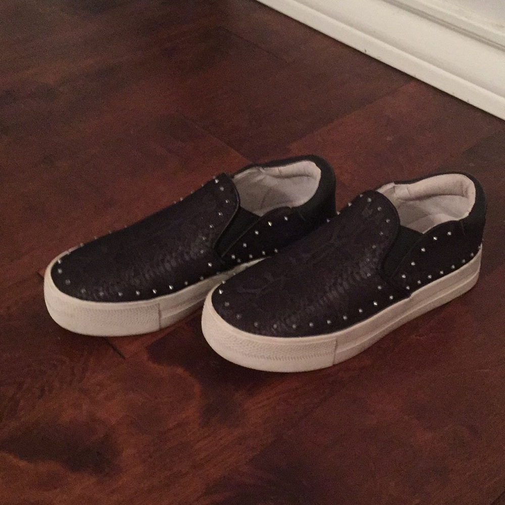 Black snakeskin tennis with silver studs